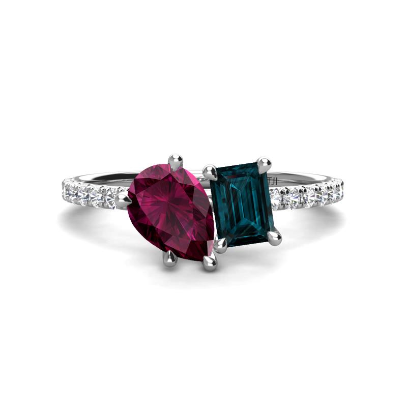 Zahara 9x6 mm Pear Rhodolite Garnet and 7x5 mm Emerald Cut London Blue Topaz 2 Stone Duo Ring 