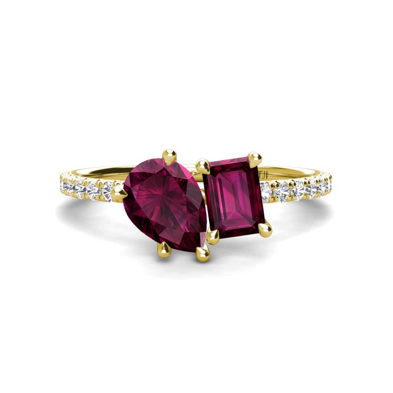 Zahara 9x6 mm Pear and 7x5 mm Emerald Cut Rhodolite Garnet 2 Stone Duo Ring 