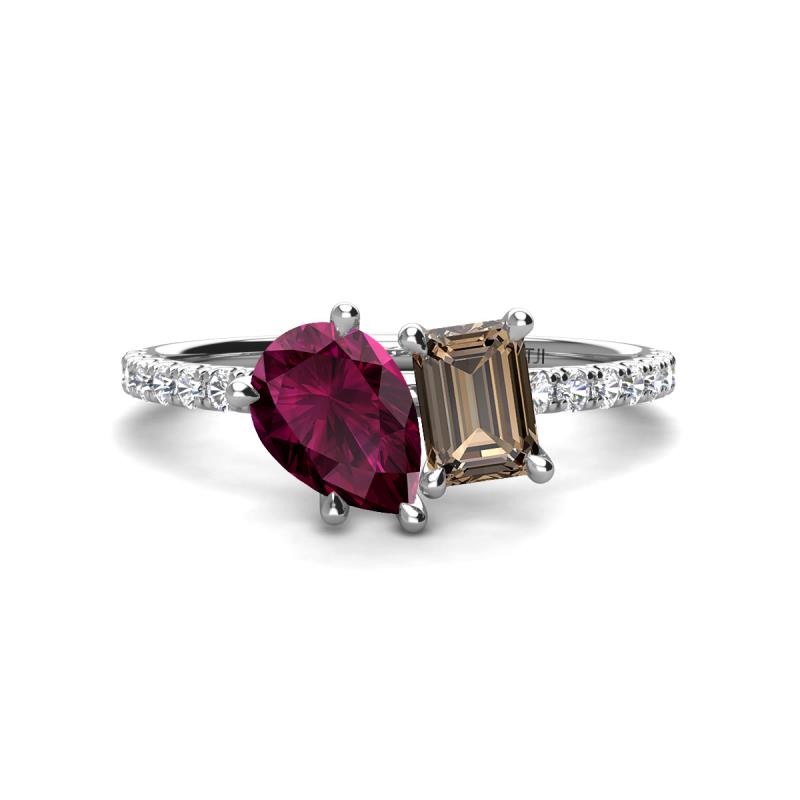 Zahara 9x6 mm Pear Rhodolite Garnet and 7x5 mm Emerald Cut Smoky Quartz 2 Stone Duo Ring 