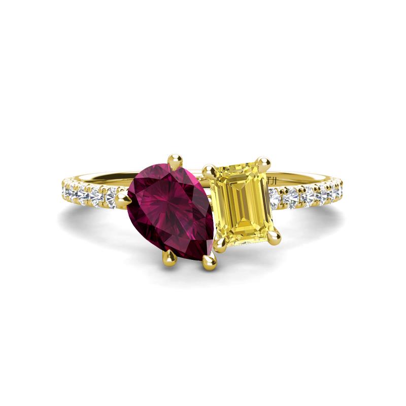 Zahara 9x6 mm Pear Rhodolite Garnet and 7x5 mm Emerald Cut Lab Created Yellow Sapphire 2 Stone Duo Ring 