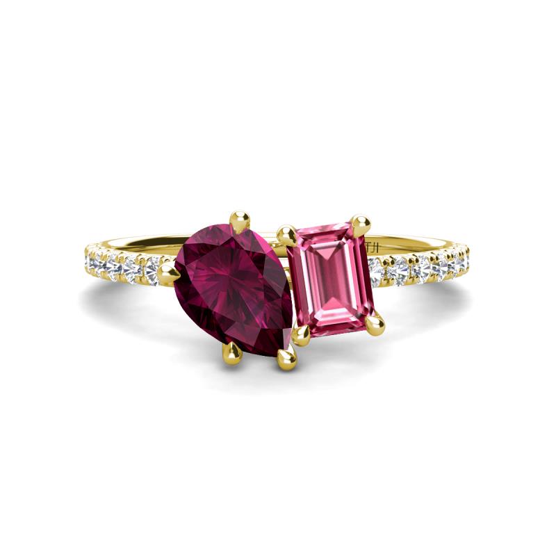 Zahara 9x6 mm Pear Rhodolite Garnet and 7x5 mm Emerald Cut Pink Tourmaline 2 Stone Duo Ring 