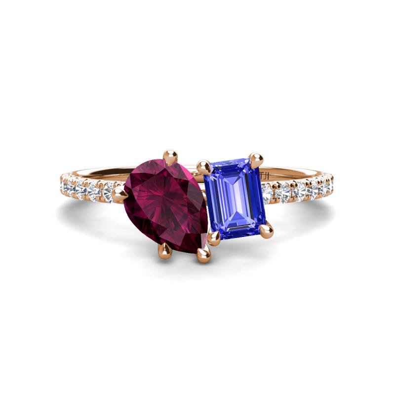 Zahara 9x6 mm Pear Rhodolite Garnet and 7x5 mm Emerald Cut Tanzanite 2 Stone Duo Ring 