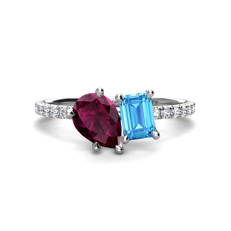 Zahara 9x6 mm Pear Rhodolite Garnet and 7x5 mm Emerald Cut Blue Topaz 2 Stone Duo Ring 