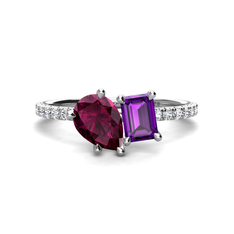 Zahara 9x6 mm Pear Rhodolite Garnet and 7x5 mm Emerald Cut Amethyst 2 Stone Duo Ring 