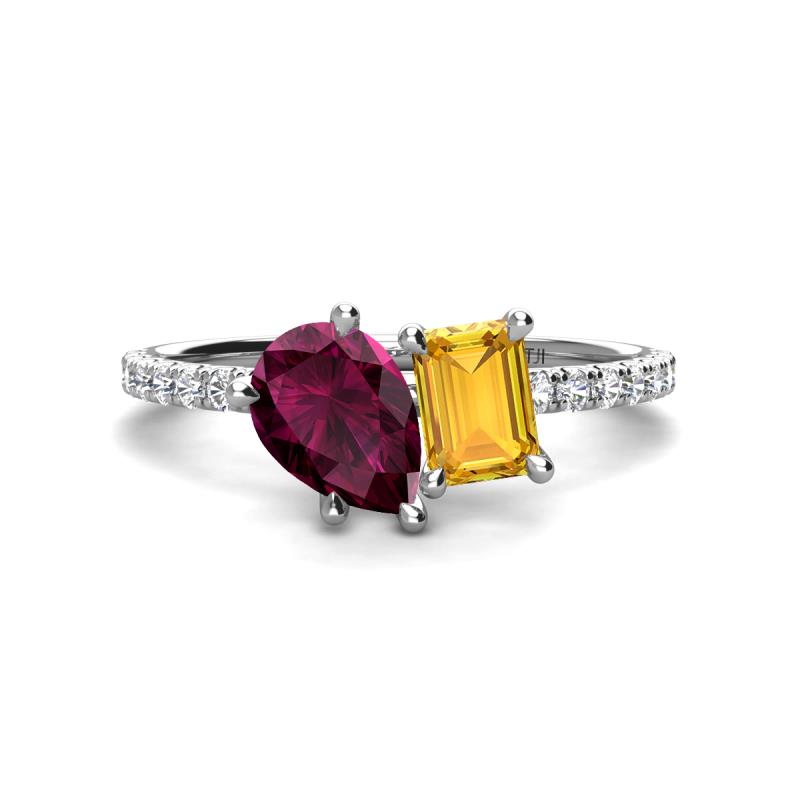 Zahara 9x6 mm Pear Rhodolite Garnet and 7x5 mm Emerald Cut Citrine 2 Stone Duo Ring 