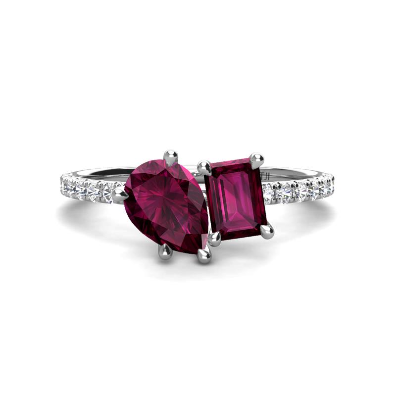 Zahara 9x6 mm Pear and 7x5 mm Emerald Cut Rhodolite Garnet 2 Stone Duo Ring 