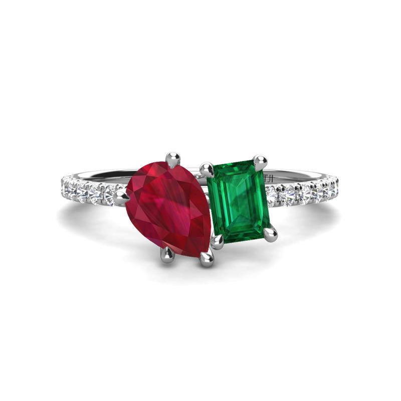 Zahara 9x7 mm Pear Ruby and 7x5 mm Emerald Cut Lab Created Emerald 2 Stone Duo Ring 