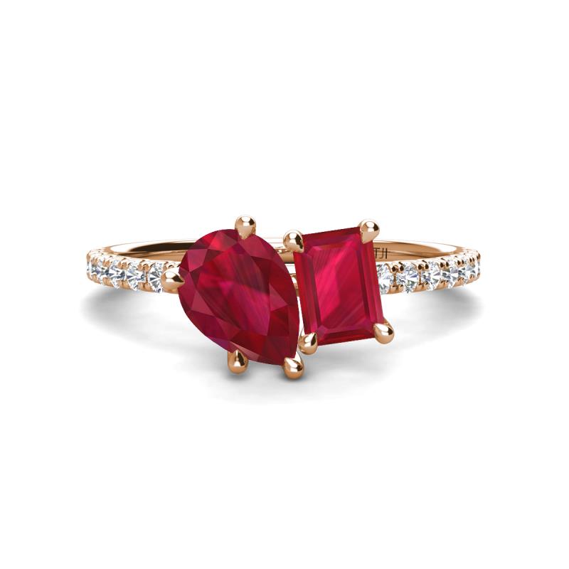 Zahara 9x7 mm Pear Ruby and 7x5 mm Emerald Cut Lab Created Ruby 2 Stone Duo Ring 