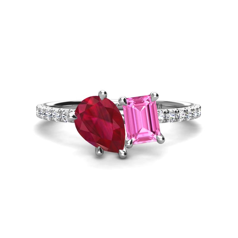 Zahara 9x7 mm Pear Ruby and 7x5 mm Emerald Cut Lab Created Pink Sapphire 2 Stone Duo Ring 