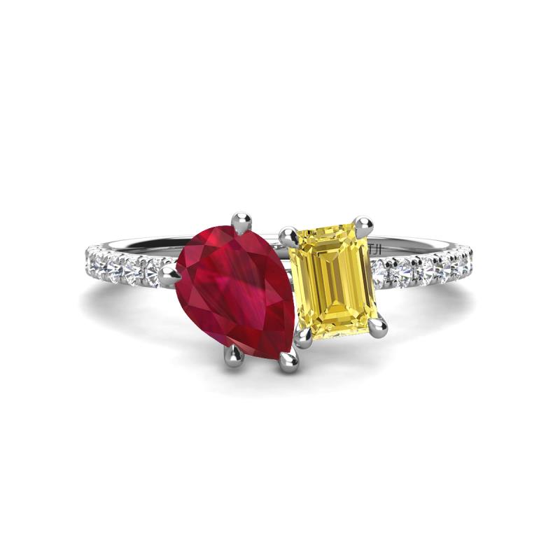 Zahara 9x7 mm Pear Ruby and 7x5 mm Emerald Cut Lab Created Yellow Sapphire 2 Stone Duo Ring 