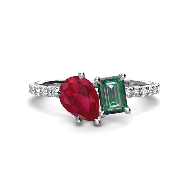 Zahara 9x7 mm Pear Ruby and 7x5 mm Emerald Cut Lab Created Alexandrite 2 Stone Duo Ring 