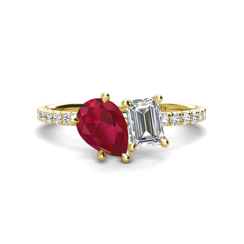 Zahara 9x7 mm Pear Ruby and 7x5 mm Emerald Cut Forever Brilliant Moissanite 2 Stone Duo Ring 