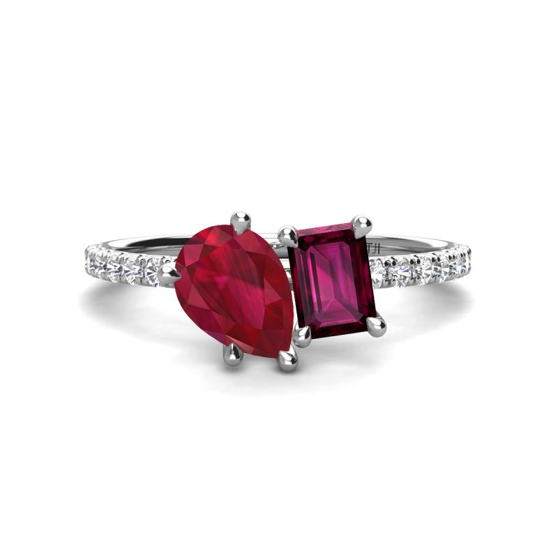 Zahara 9x7 mm Pear Ruby and 7x5 mm Emerald Cut Rhodolite Garnet 2 Stone Duo Ring 