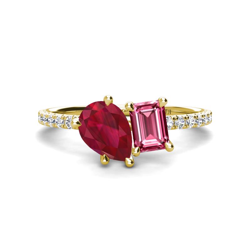 Zahara 9x7 mm Pear Ruby and 7x5 mm Emerald Cut Pink Tourmaline 2 Stone Duo Ring 