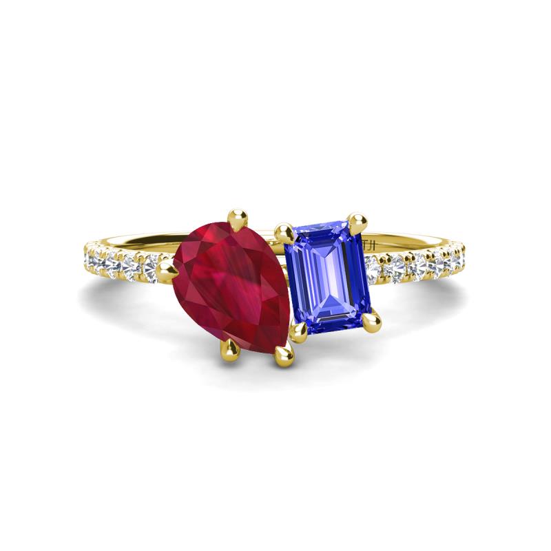 Zahara 9x7 mm Pear Ruby and 7x5 mm Emerald Cut Tanzanite 2 Stone Duo Ring 