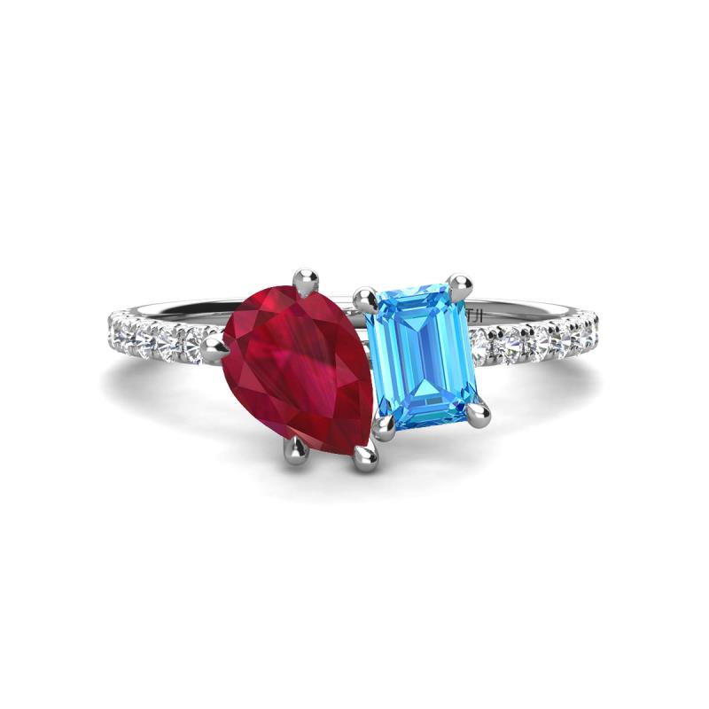 Zahara 9x7 mm Pear Ruby and 7x5 mm Emerald Cut Blue Topaz 2 Stone Duo Ring 