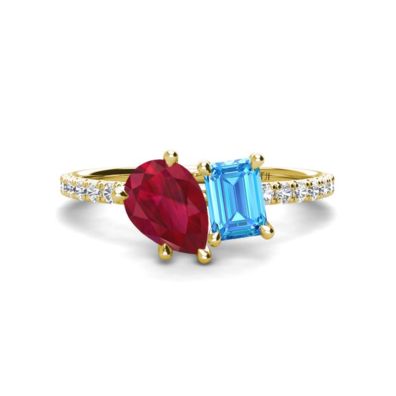 Zahara 9x7 mm Pear Ruby and 7x5 mm Emerald Cut Blue Topaz 2 Stone Duo Ring 