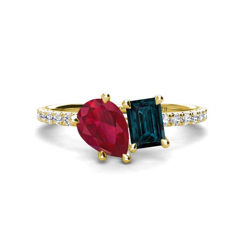 Zahara 9x7 mm Pear Ruby and 7x5 mm Emerald Cut London Blue Topaz 2 Stone Duo Ring 