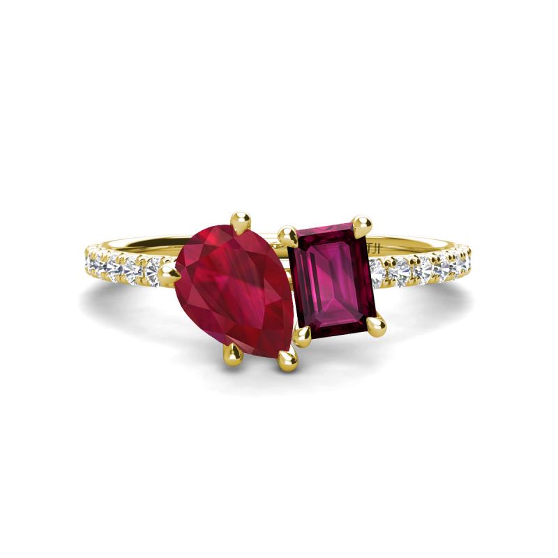 Zahara 9x7 mm Pear Ruby and 7x5 mm Emerald Cut Rhodolite Garnet 2 Stone Duo Ring 