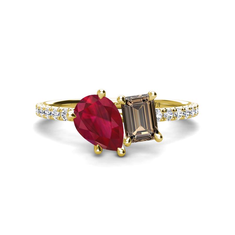 Zahara 9x7 mm Pear Ruby and 7x5 mm Emerald Cut Smoky Quartz 2 Stone Duo Ring 