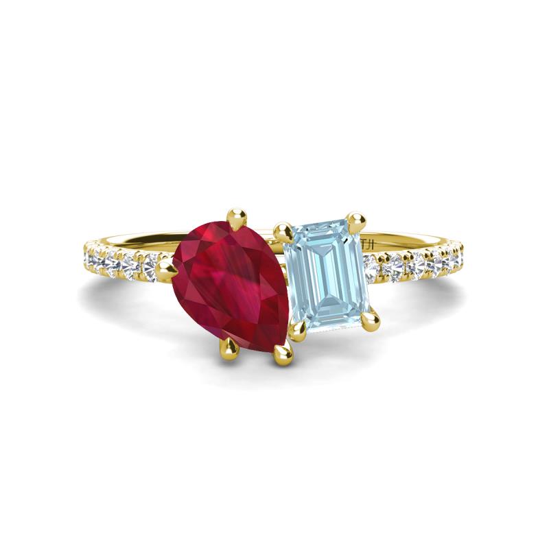 Zahara 9x7 mm Pear Ruby and 7x5 mm Emerald Cut Aquamarine 2 Stone Duo Ring 