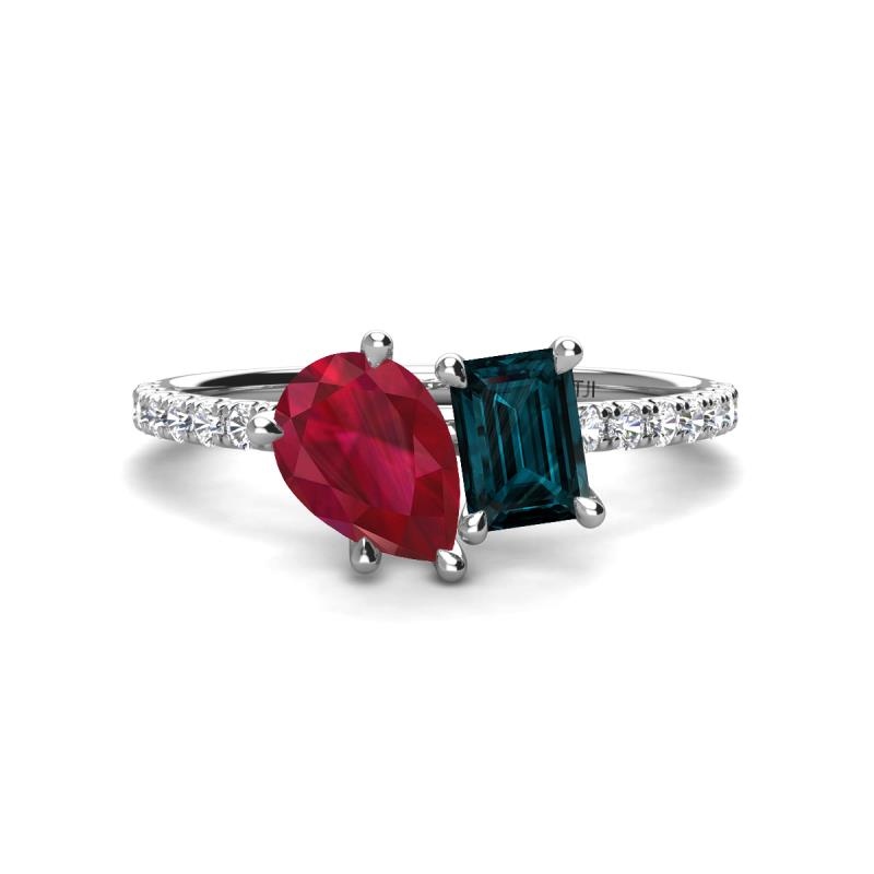 Zahara 9x7 mm Pear Ruby and 7x5 mm Emerald Cut London Blue Topaz 2 Stone Duo Ring 