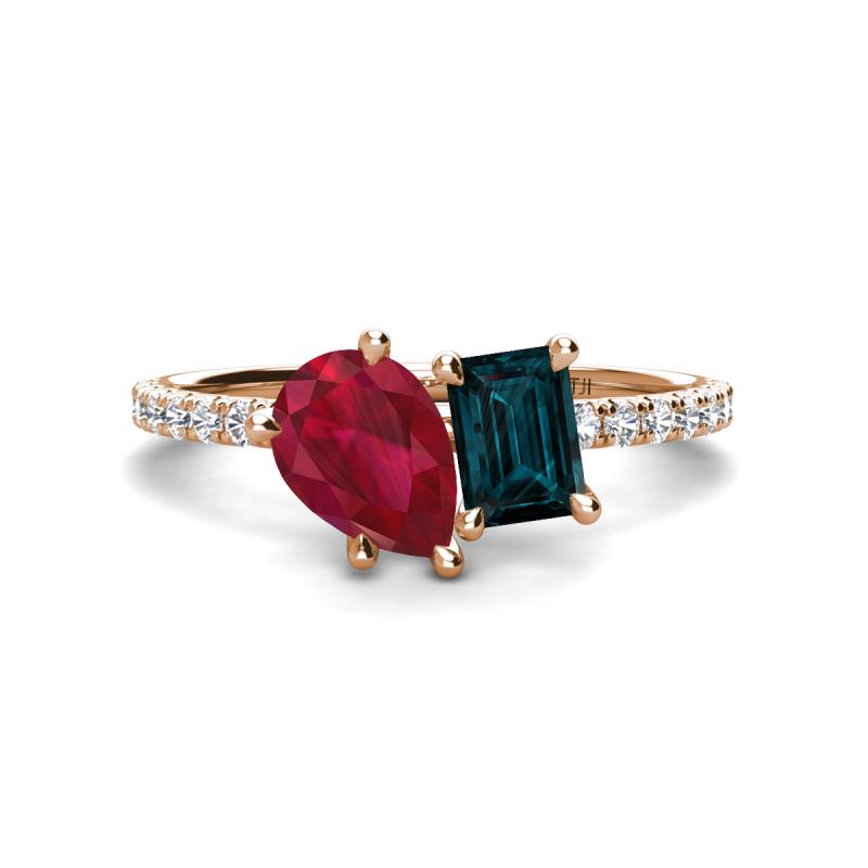 Zahara 9x7 mm Pear Ruby and 7x5 mm Emerald Cut London Blue Topaz 2 Stone Duo Ring 