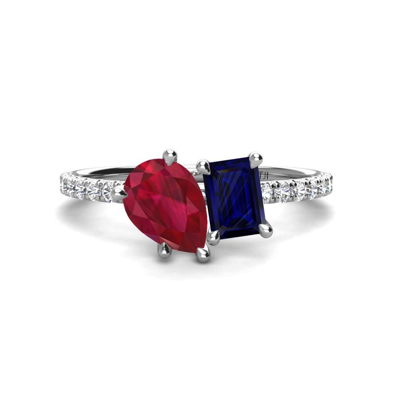 Zahara 9x7 mm Pear Ruby and 7x5 mm Emerald Cut Lab Created Blue Sapphire 2 Stone Duo Ring 