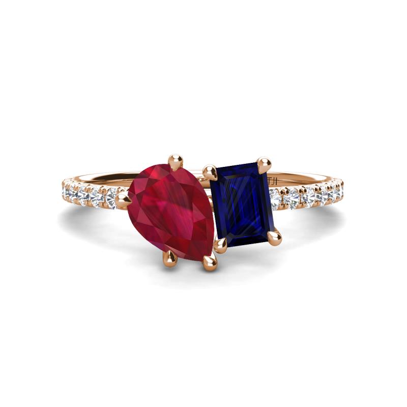 Zahara 9x7 mm Pear Ruby and 7x5 mm Emerald Cut Lab Created Blue Sapphire 2 Stone Duo Ring 