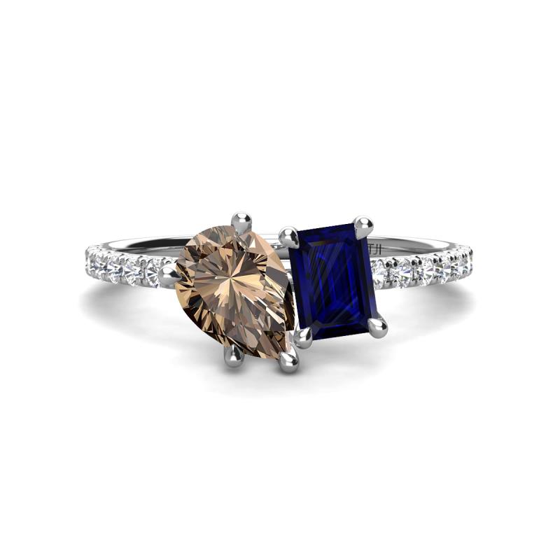 Zahara 9x6 mm Pear Smoky Quartz and 7x5 mm Emerald Cut Lab Created Blue Sapphire 2 Stone Duo Ring 