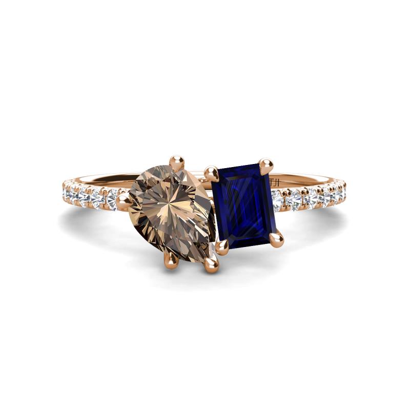 Zahara 9x6 mm Pear Smoky Quartz and 7x5 mm Emerald Cut Lab Created Blue Sapphire 2 Stone Duo Ring 