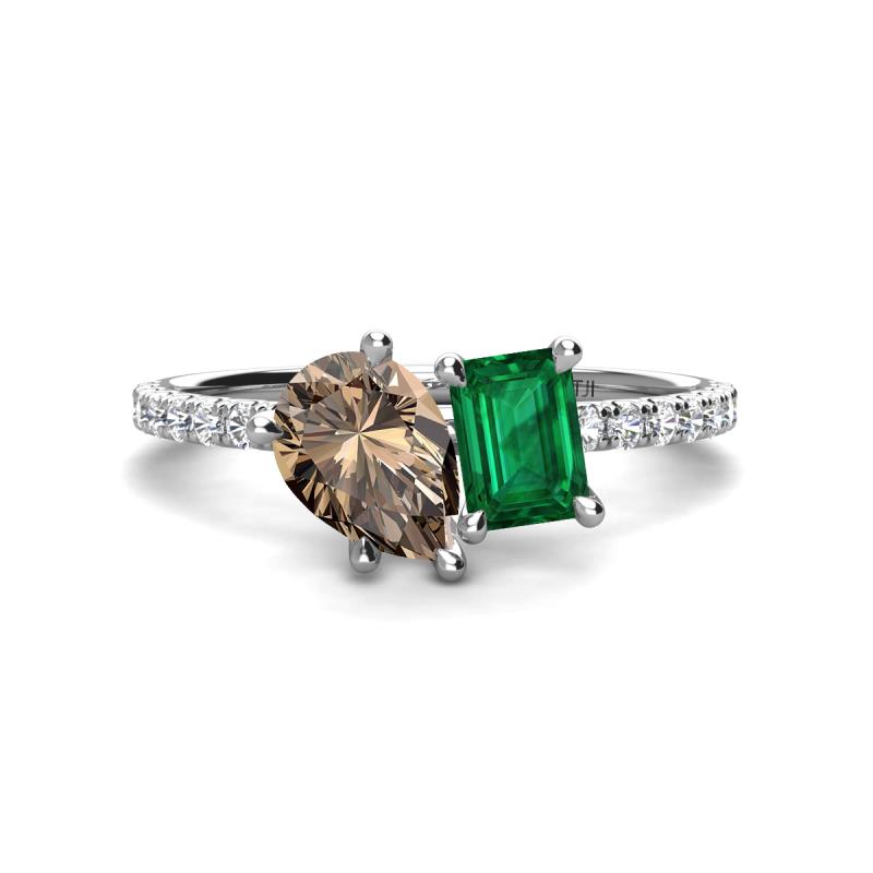 Zahara 9x6 mm Pear Smoky Quartz and 7x5 mm Emerald Cut Lab Created Emerald 2 Stone Duo Ring 