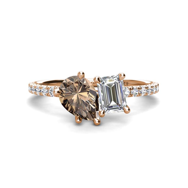 Zahara 9x6 mm Pear Smoky Quartz and IGI Certified 7x5 mm Emerald Cut Lab Grown Diamond 2 Stone Duo Ring 