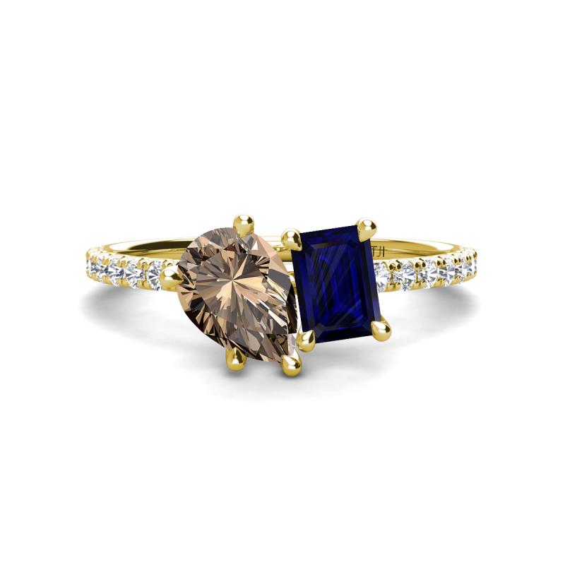 Zahara 9x6 mm Pear Smoky Quartz and 7x5 mm Emerald Cut Lab Created Blue Sapphire 2 Stone Duo Ring 