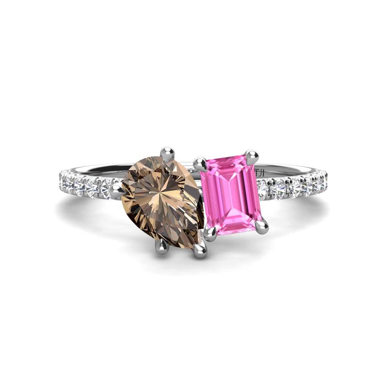 Zahara 9x6 mm Pear Smoky Quartz and 7x5 mm Emerald Cut Lab Created Pink Sapphire 2 Stone Duo Ring 