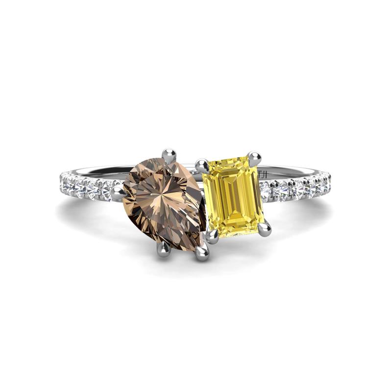 Zahara 9x6 mm Pear Smoky Quartz and 7x5 mm Emerald Cut Lab Created Yellow Sapphire 2 Stone Duo Ring 