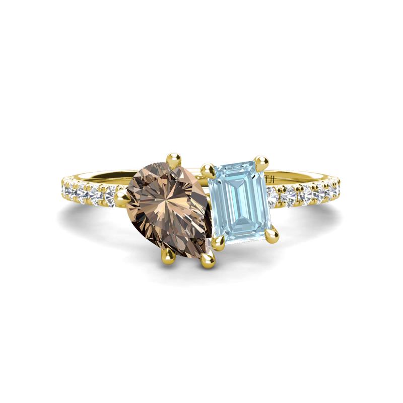 Zahara 9x6 mm Pear Smoky Quartz and 7x5 mm Emerald Cut Aquamarine 2 Stone Duo Ring 