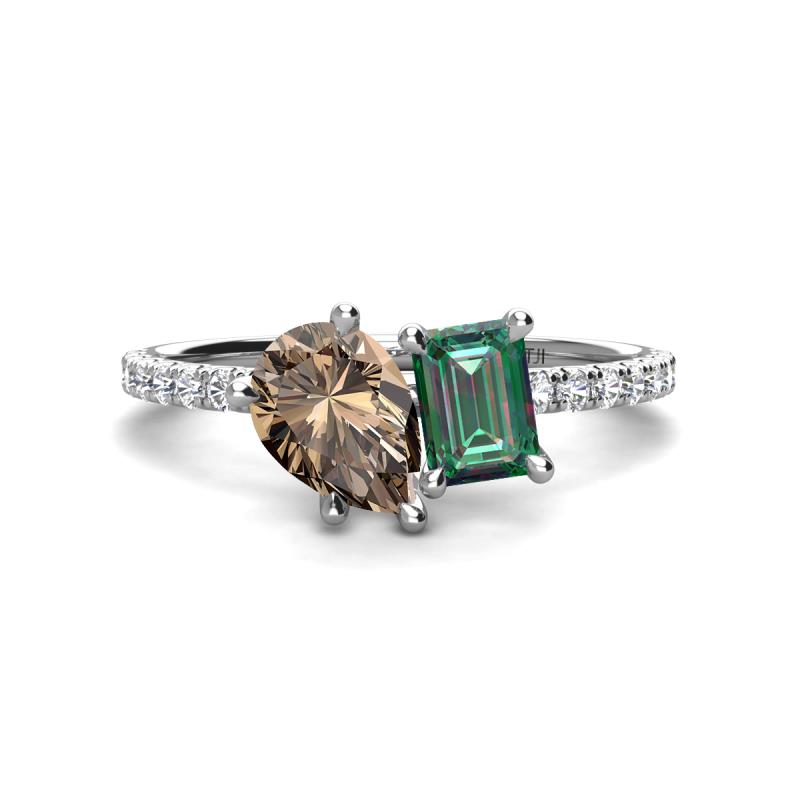 Zahara 9x6 mm Pear Smoky Quartz and 7x5 mm Emerald Cut Lab Created Alexandrite 2 Stone Duo Ring 