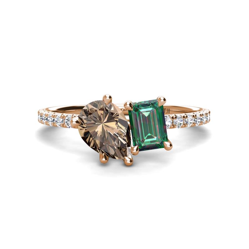 Zahara 9x6 mm Pear Smoky Quartz and 7x5 mm Emerald Cut Lab Created Alexandrite 2 Stone Duo Ring 