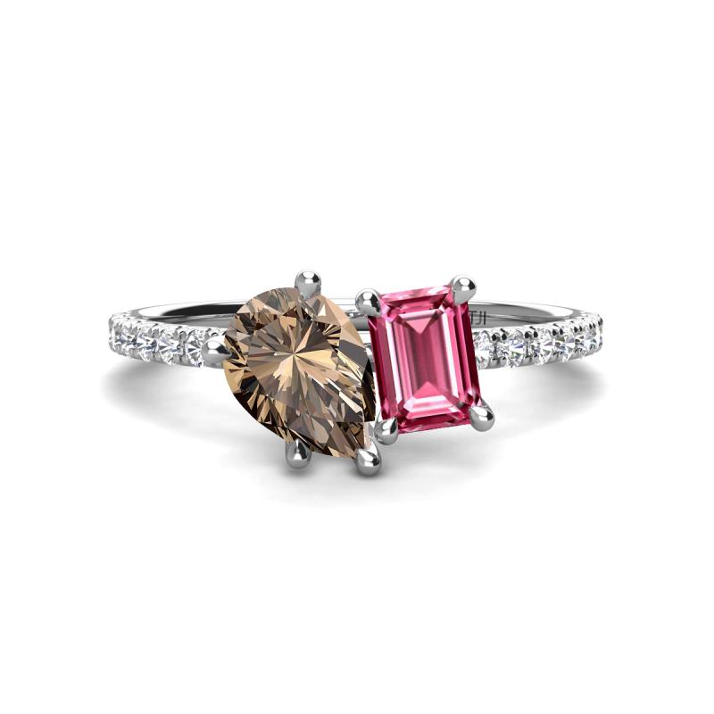 Zahara 9x6 mm Pear Smoky Quartz and 7x5 mm Emerald Cut Pink Tourmaline 2 Stone Duo Ring 