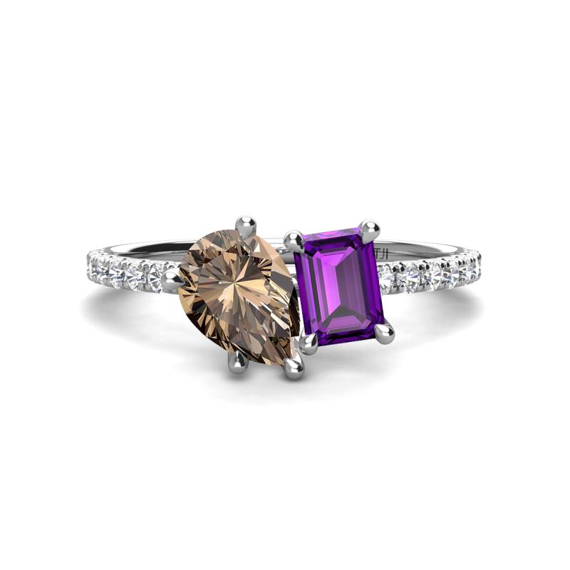 Zahara 9x6 mm Pear Smoky Quartz and 7x5 mm Emerald Cut Amethyst 2 Stone Duo Ring 