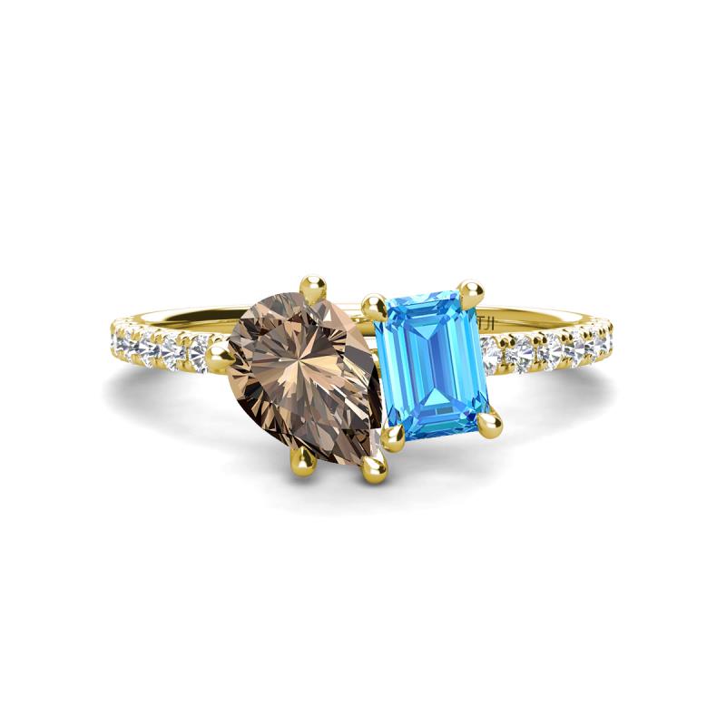 Zahara 9x6 mm Pear Smoky Quartz and 7x5 mm Emerald Cut Blue Topaz 2 Stone Duo Ring 