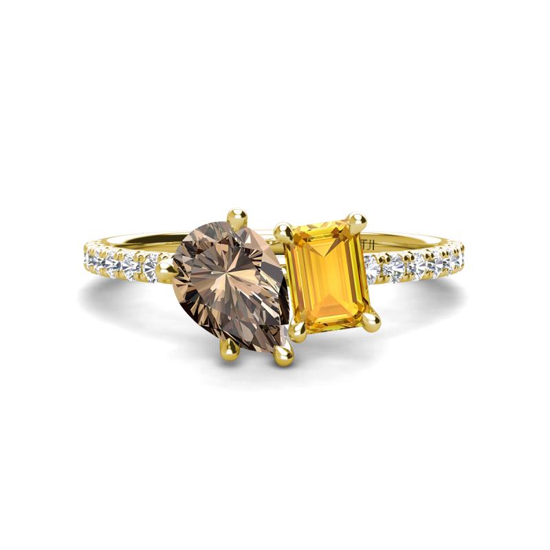 Zahara 9x6 mm Pear Smoky Quartz and 7x5 mm Emerald Cut Citrine 2 Stone Duo Ring 