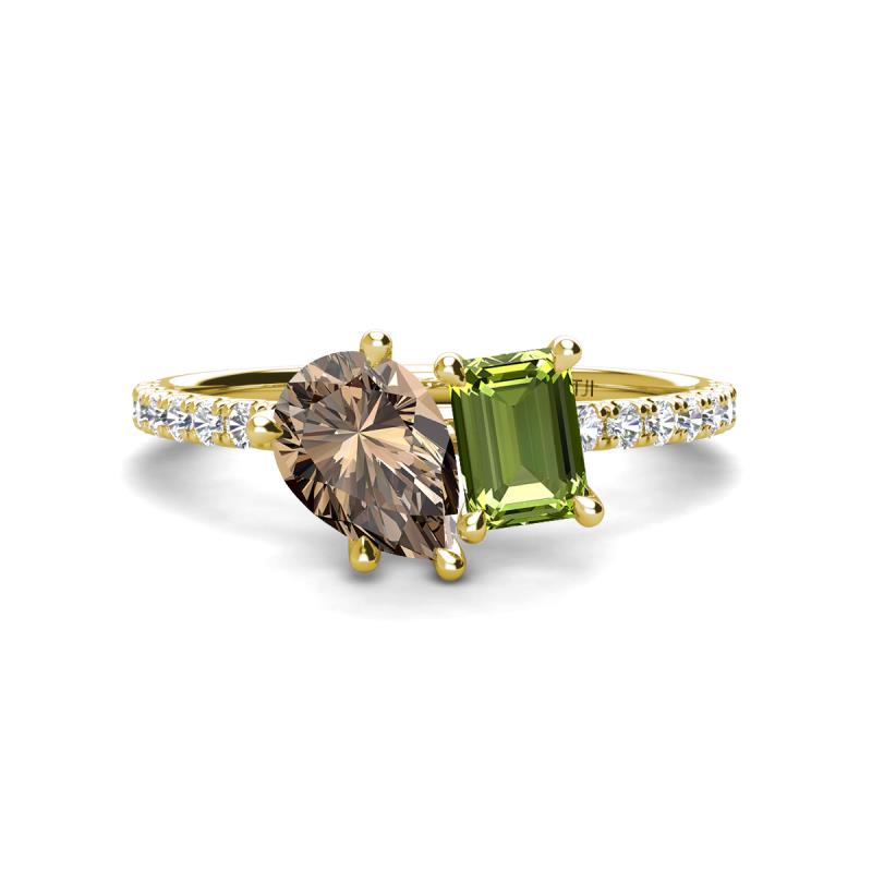 Zahara 9x6 mm Pear Smoky Quartz and 7x5 mm Emerald Cut Peridot 2 Stone Duo Ring 