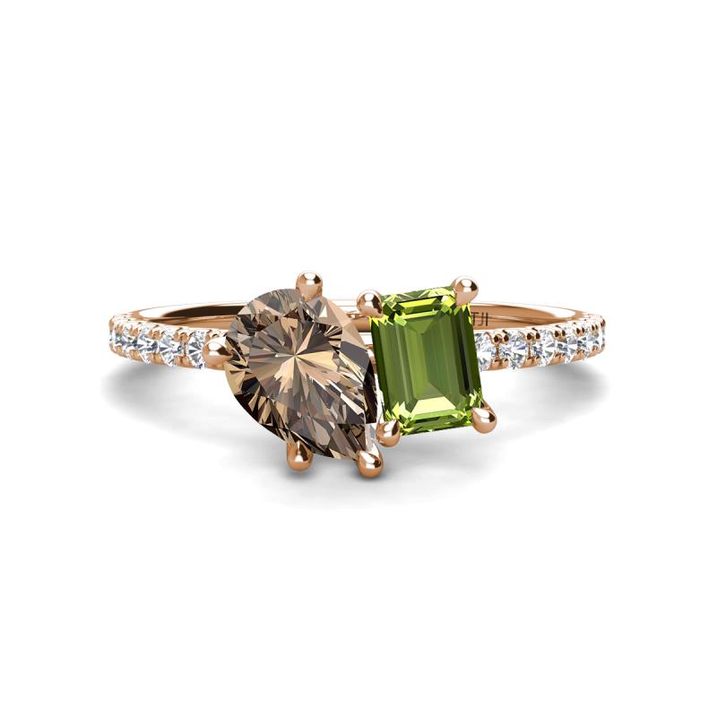 Zahara 9x6 mm Pear Smoky Quartz and 7x5 mm Emerald Cut Peridot 2 Stone Duo Ring 