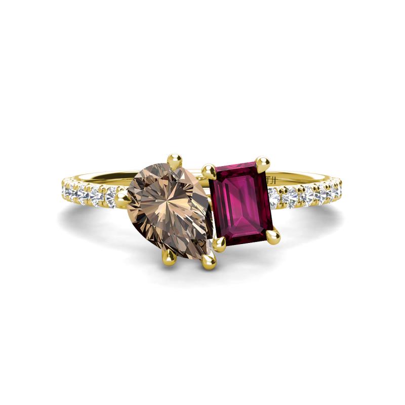 Zahara 9x6 mm Pear Smoky Quartz and 7x5 mm Emerald Cut Rhodolite Garnet 2 Stone Duo Ring 