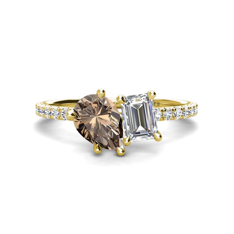 Zahara 9x6 mm Pear Smoky Quartz and 7x5 mm Emerald Cut Forever Brilliant Moissanite 2 Stone Duo Ring 