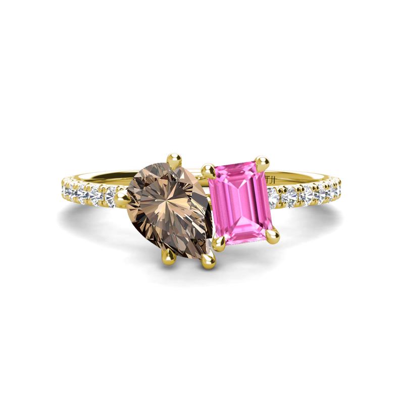 Zahara 9x6 mm Pear Smoky Quartz and 7x5 mm Emerald Cut Lab Created Pink Sapphire 2 Stone Duo Ring 