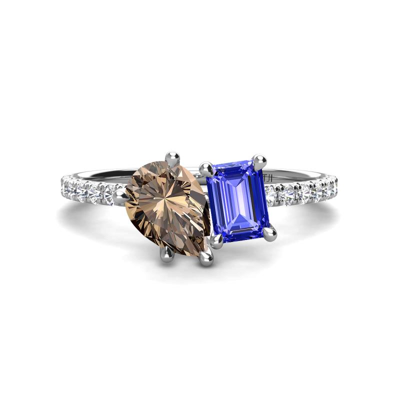 Zahara 9x6 mm Pear Smoky Quartz and 7x5 mm Emerald Cut Tanzanite 2 Stone Duo Ring 