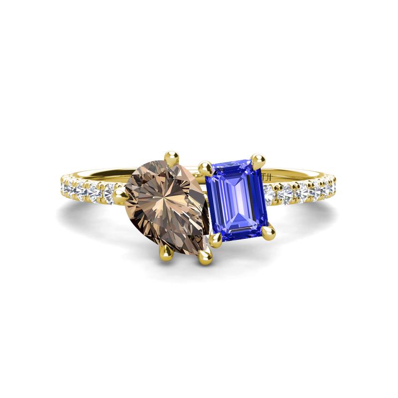 Zahara 9x6 mm Pear Smoky Quartz and 7x5 mm Emerald Cut Tanzanite 2 Stone Duo Ring 